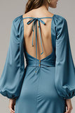 Grey Blue Sheath Satin V-Neck Long Black Tie Dress with Sleeves
