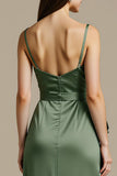 Light Green Satin A Line Long Black Tie Dress with Slit