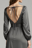 Steel Grey A Line Satin V-Neck Asymmetrical Long Black Tie Dress