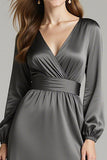 Steel Grey A Line Satin V-Neck Asymmetrical Long Black Tie Dress
