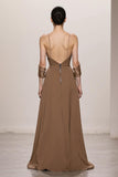 Terracotta A Line Spaghetti Straps Long Black Tie Dress with Bow