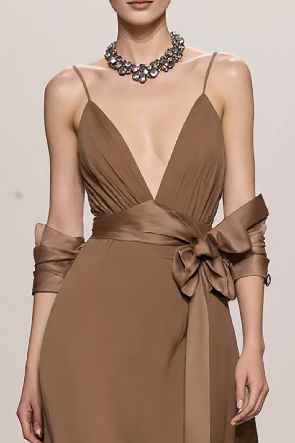 Terracotta A Line Spaghetti Straps Long Black Tie Dress with Bow