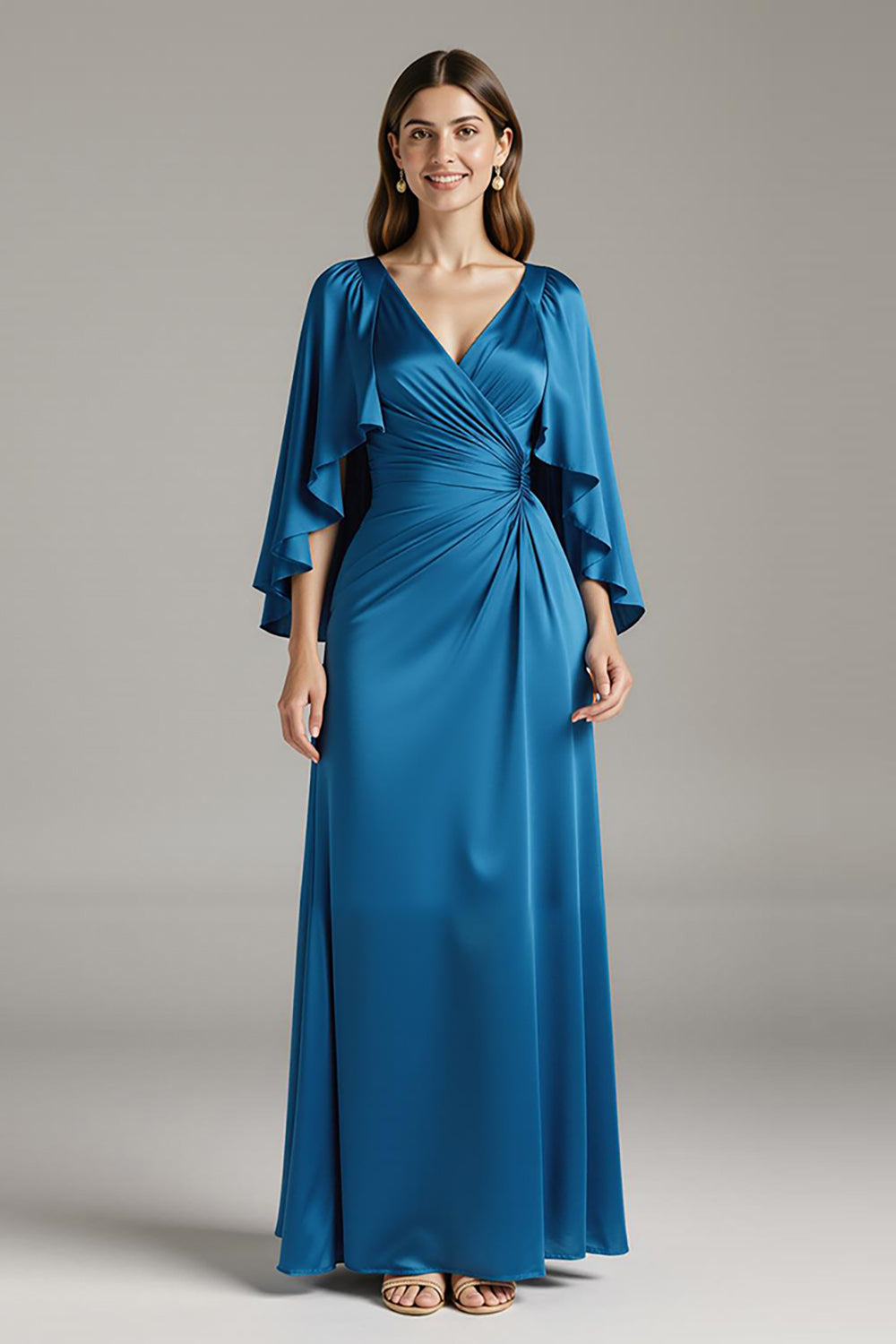 Royal Blue Satin V-Neck Long Black Tie Dress with Sleeves