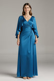 Royal Blue Satin V-Neck Long Black Tie Dress with Sleeves