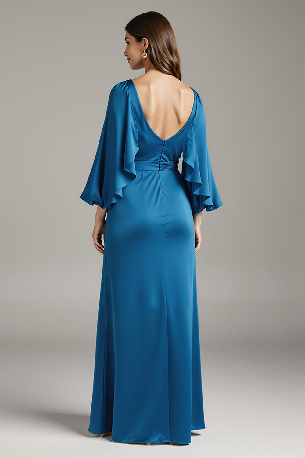 Royal Blue Satin V-Neck Long Black Tie Dress with Sleeves