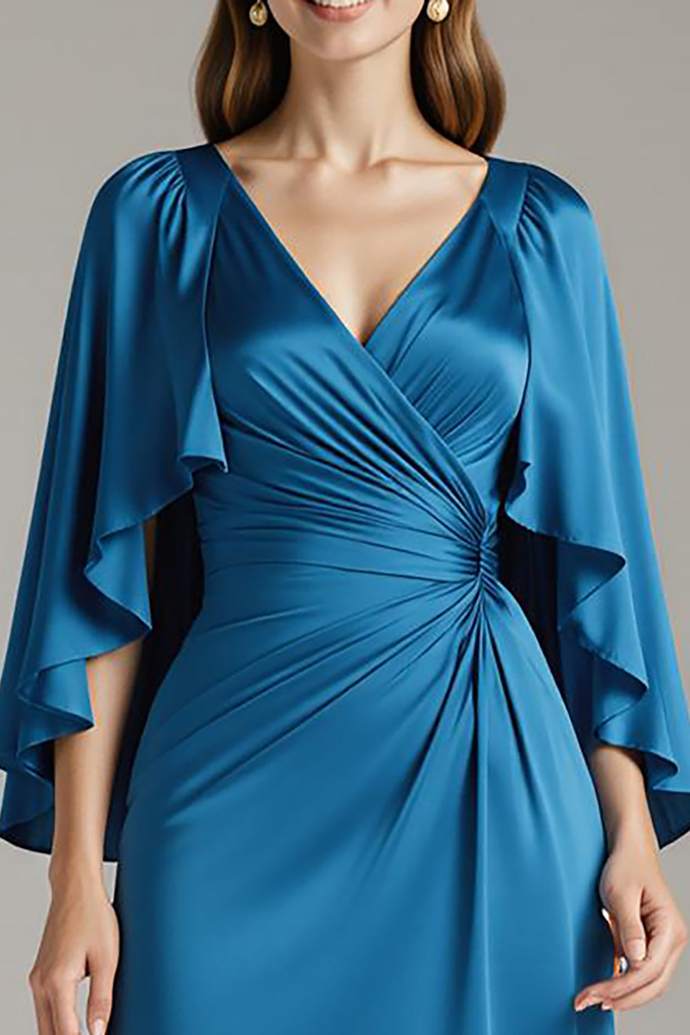 Royal Blue Satin V-Neck Long Black Tie Dress with Sleeves