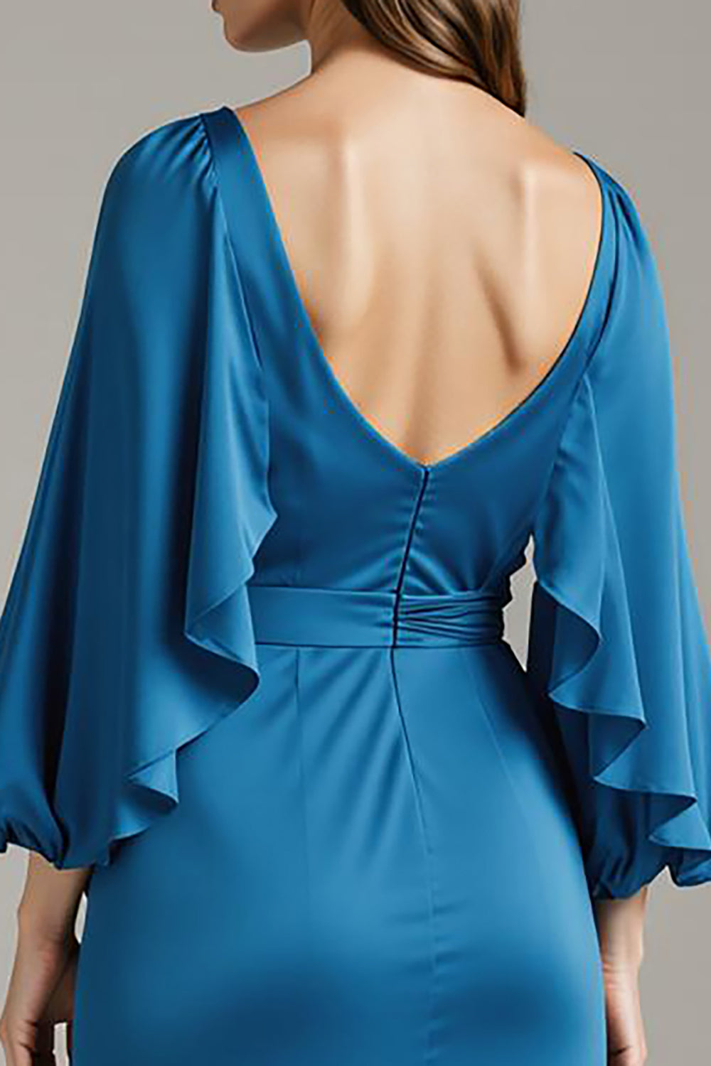 Royal Blue Satin V-Neck Long Black Tie Dress with Sleeves