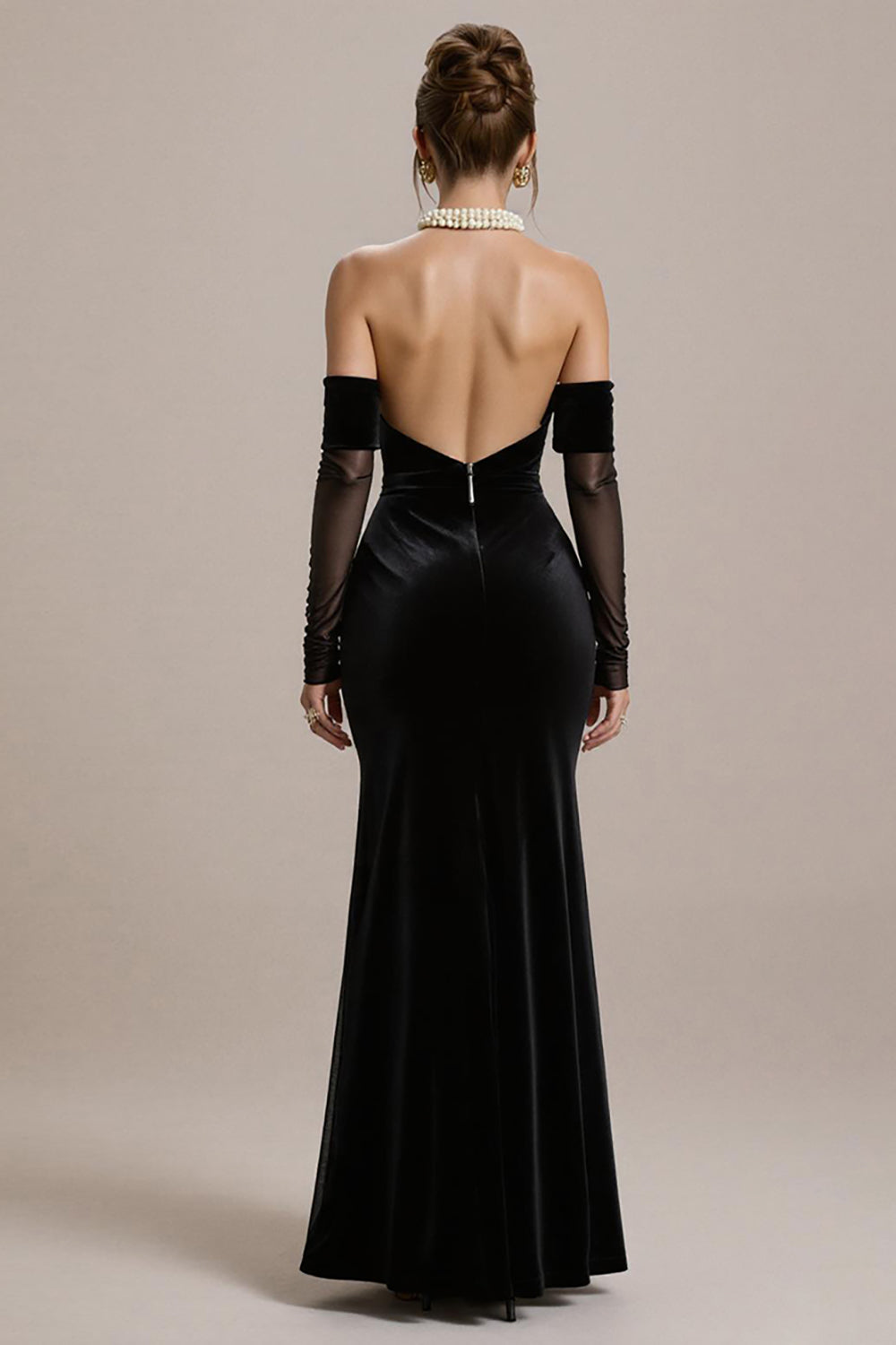 Black Mermaid Off the Shoulder Long Black Tie Dress with Sleeves