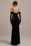 Black Mermaid Cold Shoulder Long Black Tie Dress with Appliques