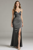 Steel Grey Satin Mermaid Long Black Tie Dress with Slit