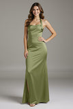 Sage Green Halter Satin Sheath Long Black Tie Dress with Slit