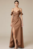 Terracotta Ruffled Satin Cold Shoulder Long Black Tie Dress with Slit