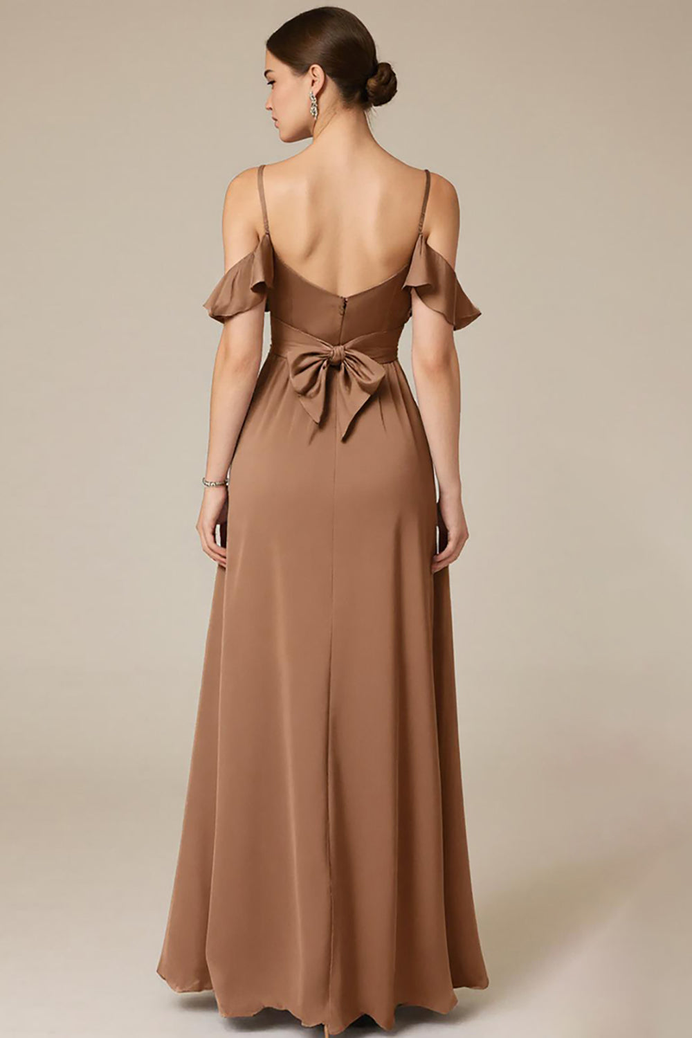 Terracotta Ruffled Satin Cold Shoulder Long Black Tie Dress with Slit