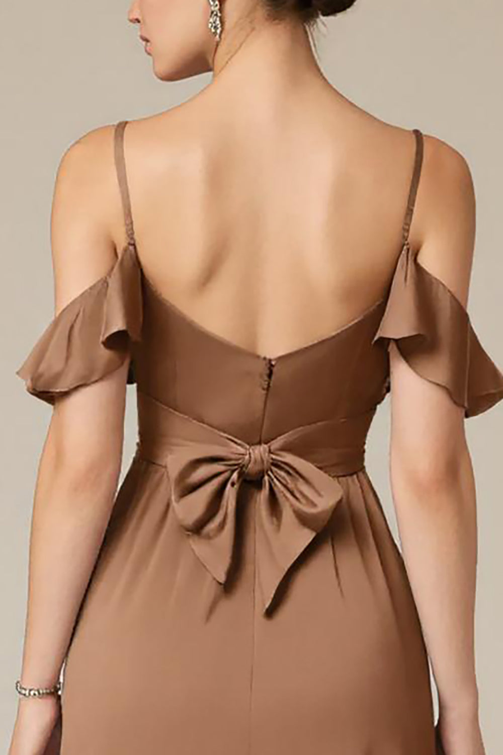 Terracotta Ruffled Satin Cold Shoulder Long Black Tie Dress with Slit