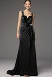 Black Satin A Line Square Neck Long Black Tie Dress with Lace