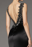 Black Satin A Line Square Neck Long Black Tie Dress with Lace
