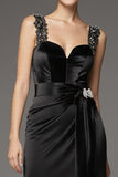 Black Satin A Line Square Neck Long Black Tie Dress with Lace