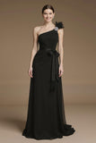 Black A Line One Shoulder Long Black Tie Dress with Feather