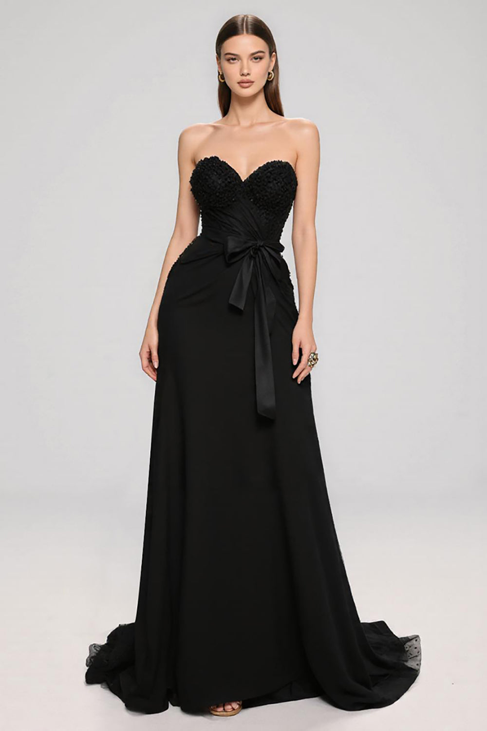 Black Satin Sweetheart A Line Long Formal Dress with Bow