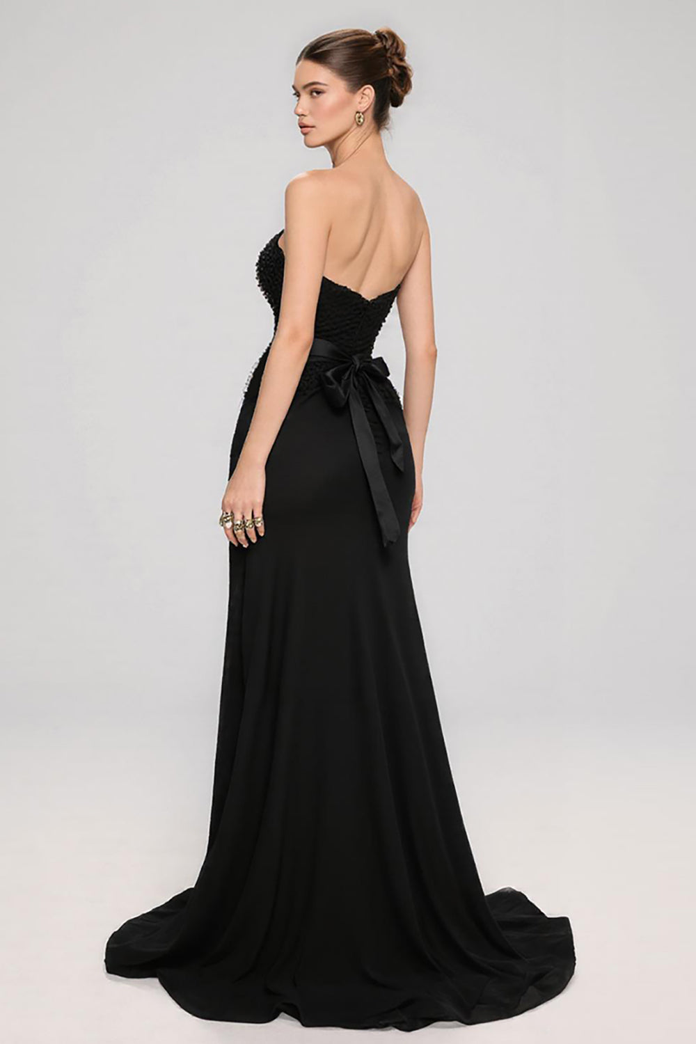 Black Satin Sweetheart A Line Long Formal Dress with Bow
