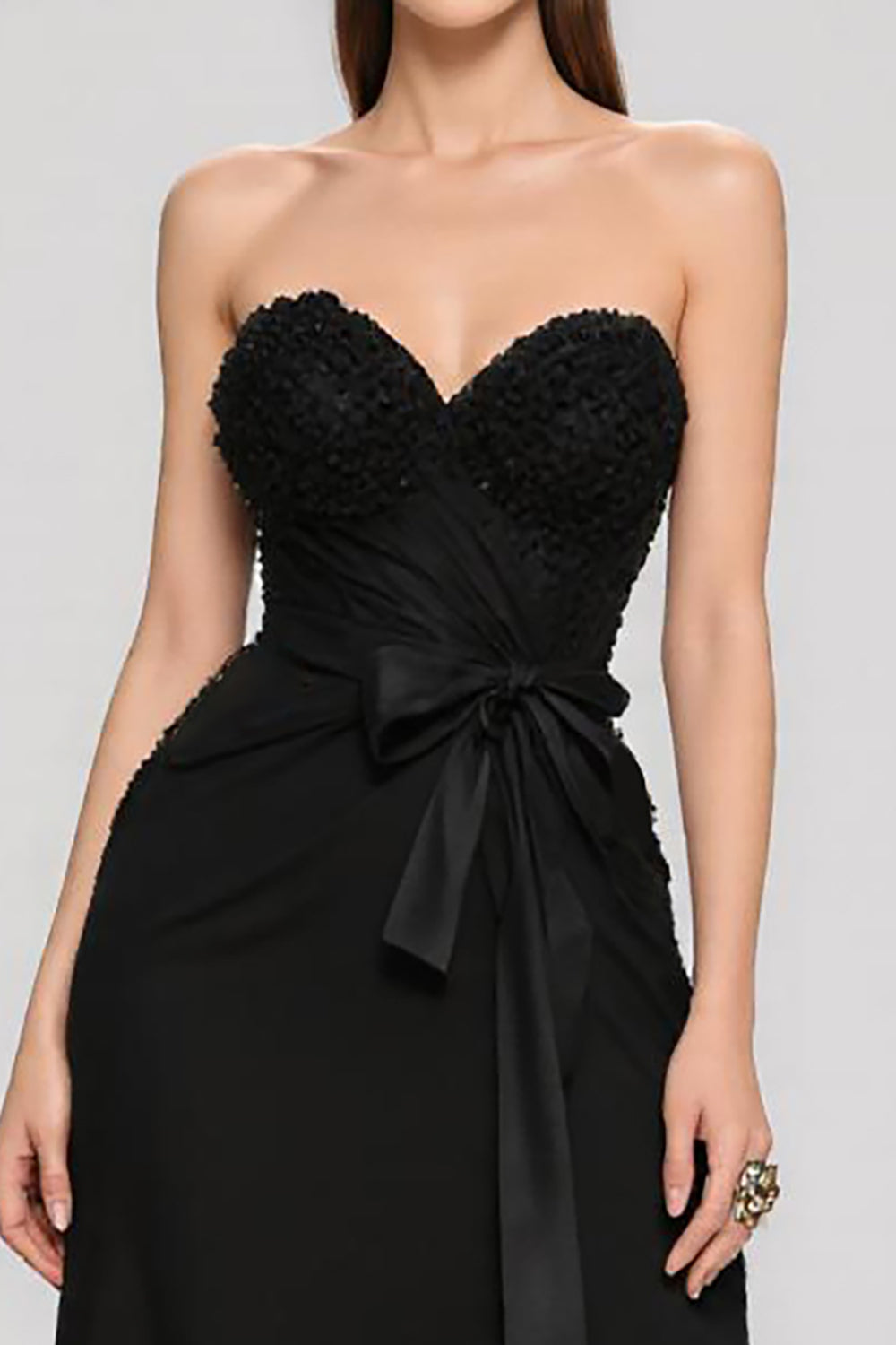 Black Satin Sweetheart A Line Long Formal Dress with Bow