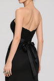Black Satin Sweetheart A Line Long Formal Dress with Bow