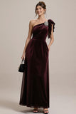 Sparkly Burgundy Velvet One Shoulder Sheath Long Formal Dress with Ruffles