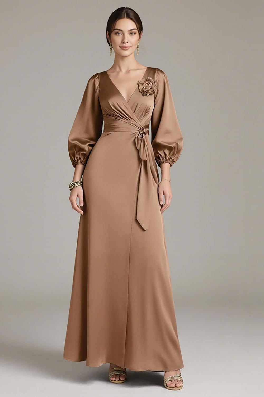 Terracotta Floral Satin V-Neck Sheath Long Formal Dress with Sleeves