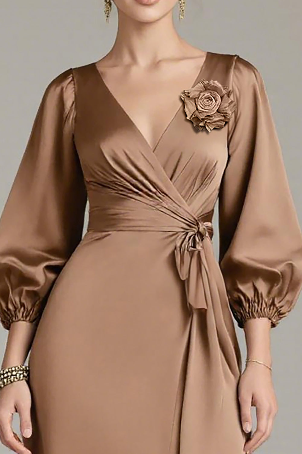 Terracotta Floral Satin V-Neck Sheath Long Formal Dress with Sleeves