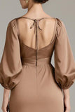 Terracotta Floral Satin V-Neck Sheath Long Formal Dress with Sleeves
