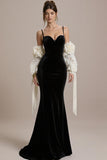 Black Velvet Spaghetti Straps Mermaid Long Formal Dress with Sleeves