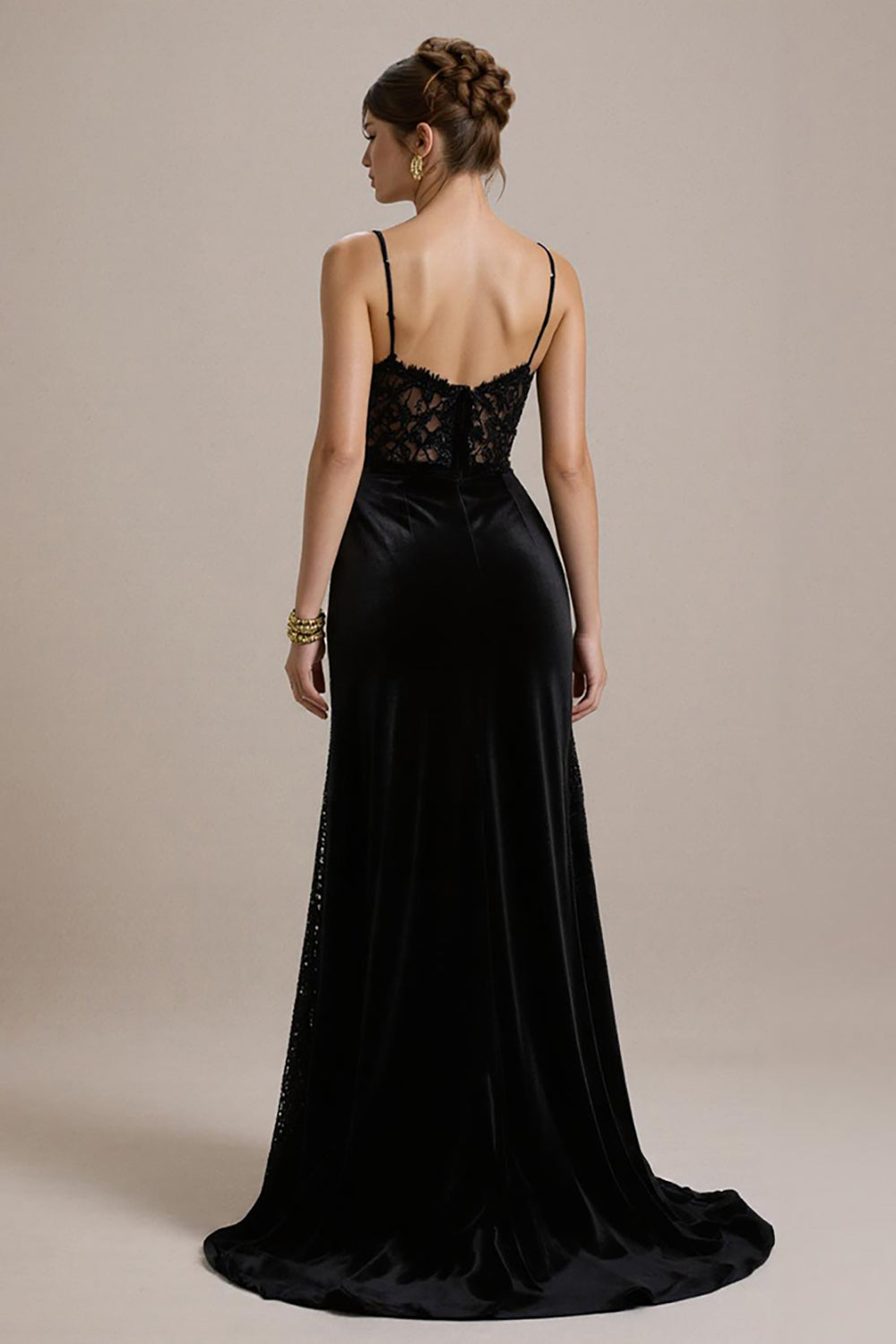 Black Velvet A Line Corset Long Formal Dress with Lace