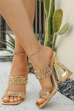 Sparkly Golden Sequin Open Toe Strappy Block Heel Sandals