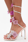 Sparkly Pink Beaded Strappy Stiletto Heel Sandals with 3D Flowers