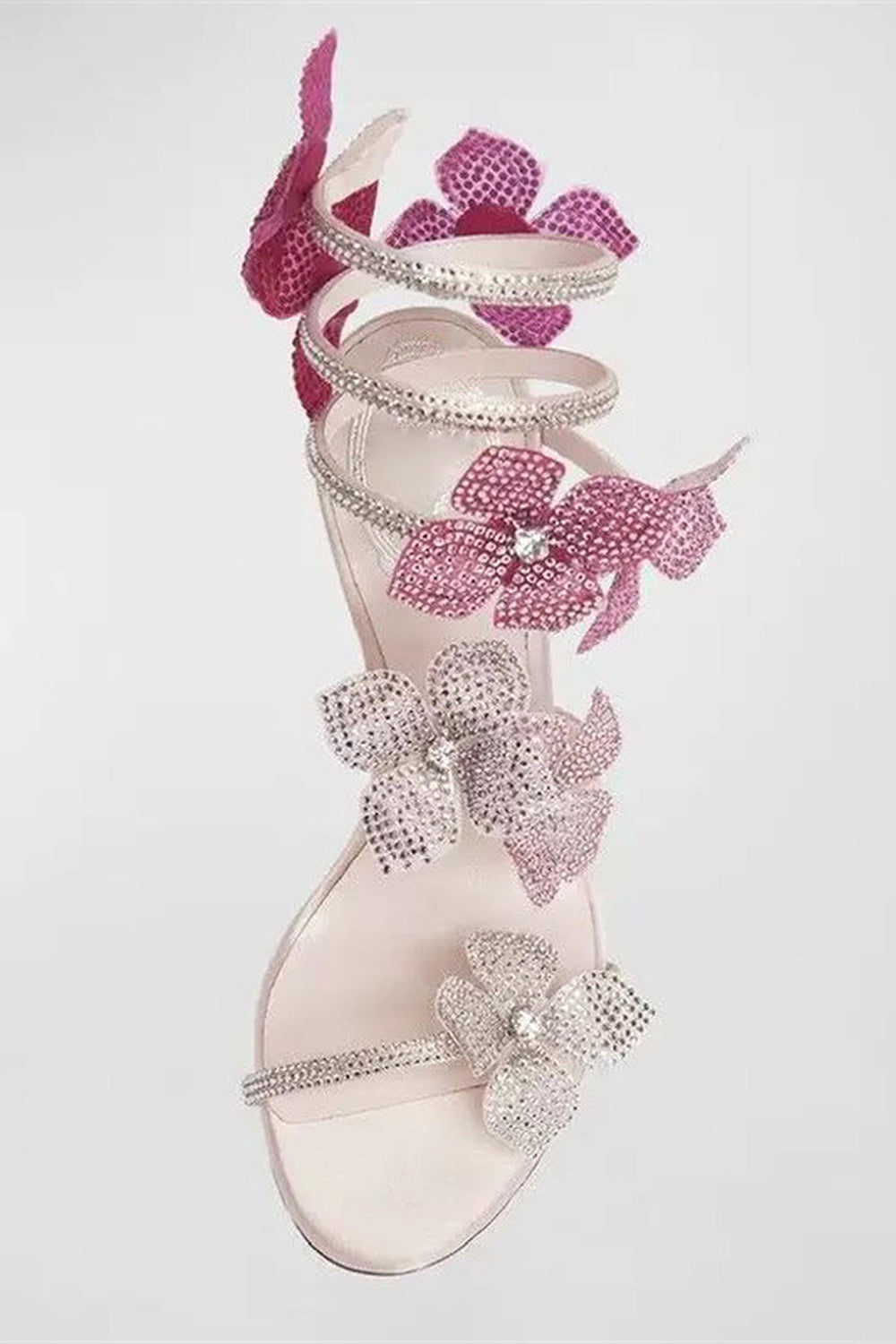 Sparkly Pink Beaded Strappy Stiletto Heel Sandals with 3D Flowers