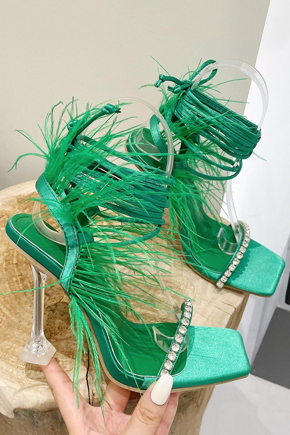 Sparkly Fuchsia Strappy Stiletto Heel Sandals with Feather