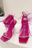Sparkly Fuchsia Strappy Stiletto Heel Sandals with Feather
