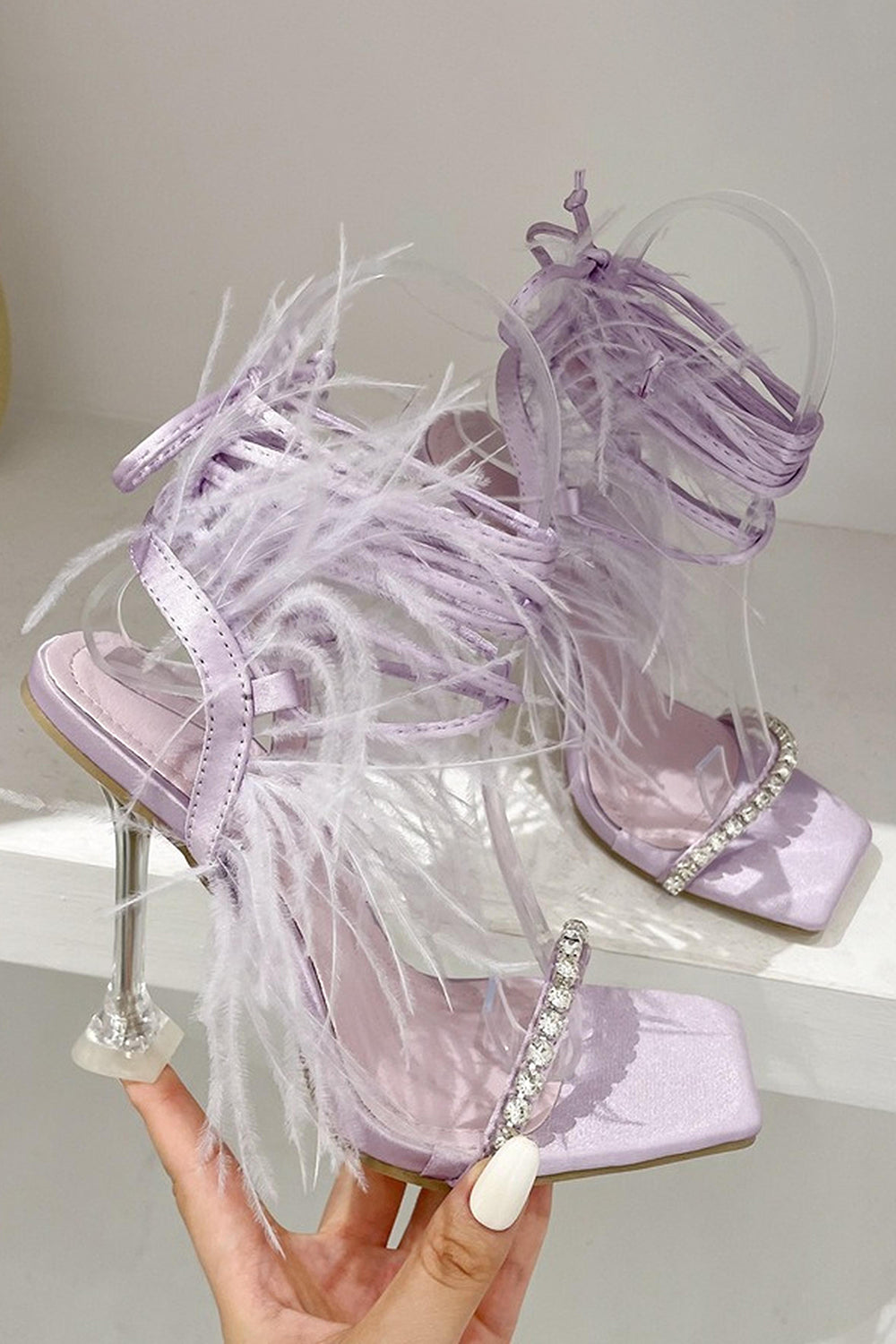 Sparkly Fuchsia Strappy Stiletto Heel Sandals with Feather