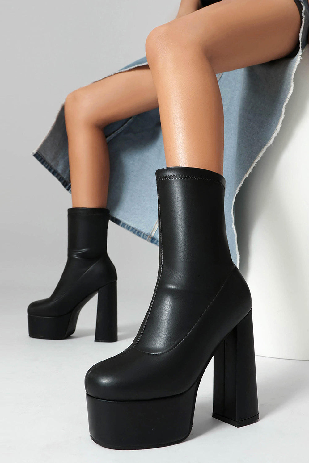 Black Round Toe Platform Chunky Heel Ankle Boots