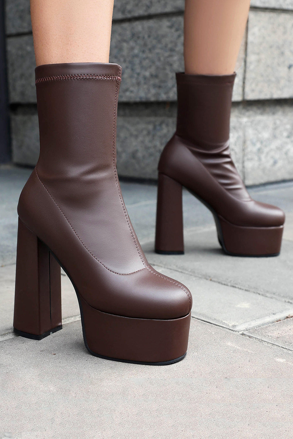 Black Round Toe Platform Chunky Heel Ankle Boots