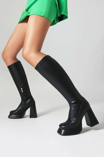 Black Platform Chunky High Heel Knee High Boots