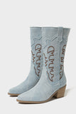 Dark Blue Pointed Toe Mid Calf Chunky Heel Embroidered Cowgirl Boots