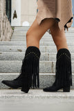 Brown Leopard Wide Calf Chunky Heel Cowgirl Boots with Fringes