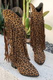 Brown Leopard Wide Calf Chunky Heel Cowgirl Boots with Fringes