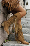 Brown Leopard Wide Calf Chunky Heel Cowgirl Boots with Fringes