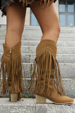 Brown Leopard Wide Calf Chunky Heel Cowgirl Boots with Fringes