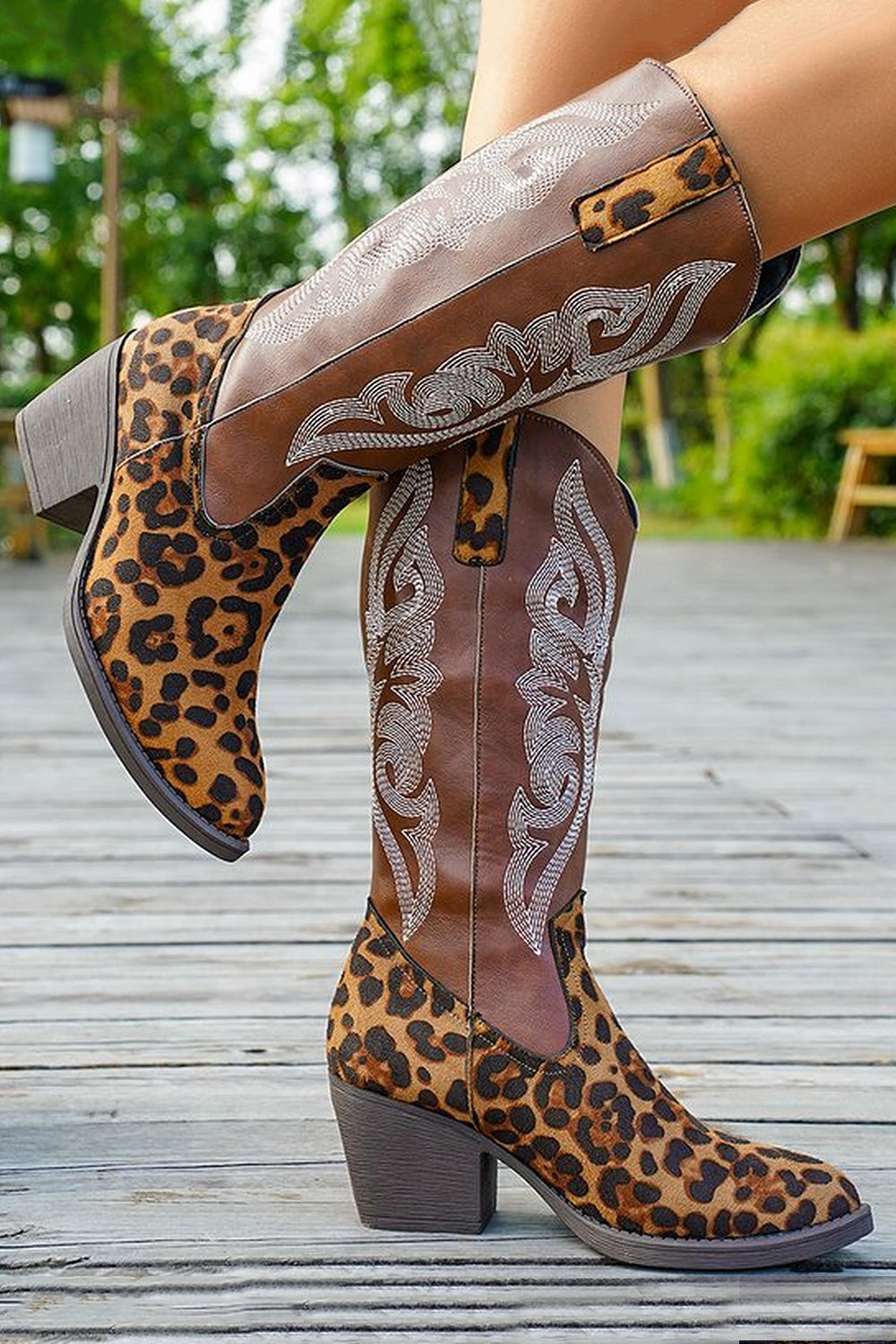Brown Leopard Chunky Heel Wide Calf Embroidered Cowgirl Boots
