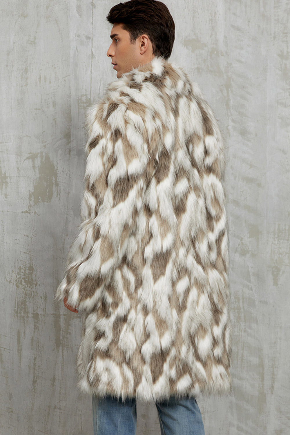 Grey Faux Fur Notched Lapel Long Winter Men's Coat