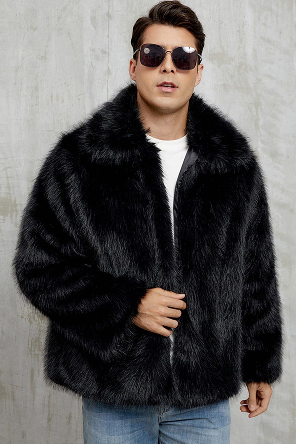 Black Fluffy Faux Fur Lapel Short Winter Men's Coat