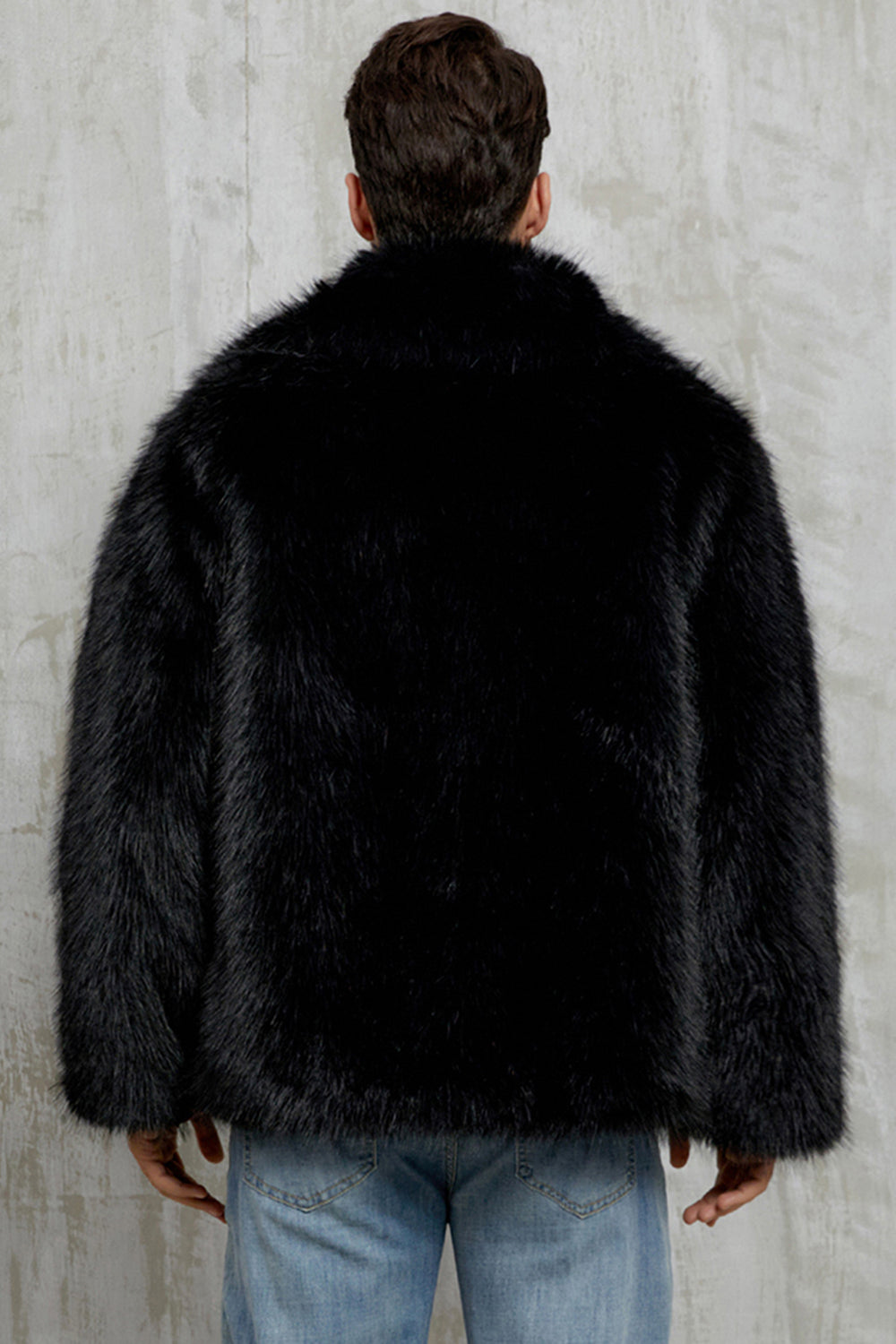 Black Fluffy Faux Fur Lapel Short Winter Men's Coat